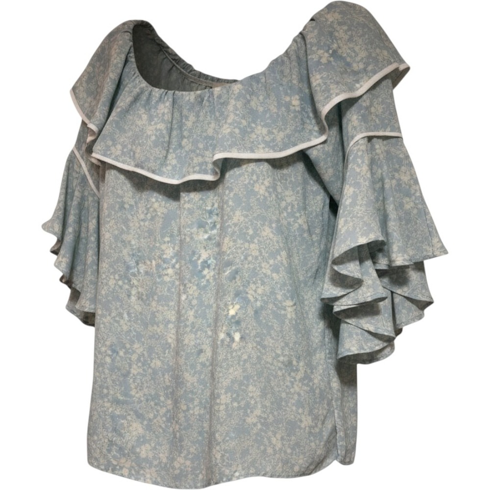 Vintage Blue Floral Off Shoulder‎ Ruffle Dress Ruffled Tiered Flared Sleeve Mini